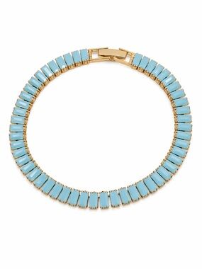 Turquoise Blue Baguette Tennis Bracelet Gold Tone 7” Minimalist